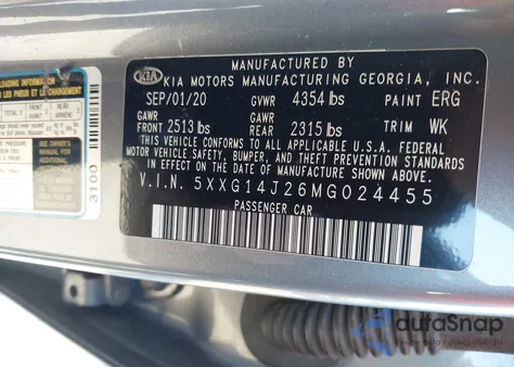 2021 Kia K5 Lxs z USA, uszkodzony, nr VIN 5XXG14J26MG024455